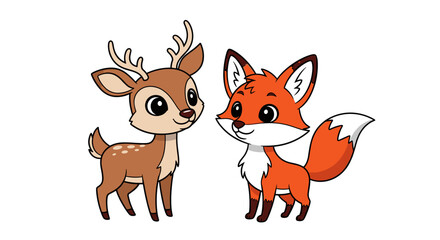 Obraz premium Cartoon style illustration of a cute young deer and friendly fox isolated on white background