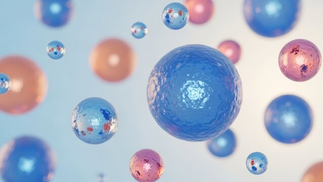Abstract microscopic background of floating blue and pink spheres. cells, molecules, or bacteria. Medical science concept for biology presentations, pharmaceutical ads, genetics research visuals.