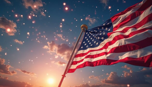Illustration presents the American flag waving against a colorful sunset sky. The photo conveys patriotic sentiments. This photo celebrates US Independence Day. It suitable for holidays.