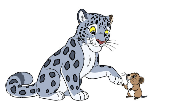 Adorable cartoon snow leopard gently greeting a little mouse showcasing an unlikely friendship isolated on white background