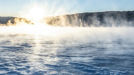 Sunlight shines through mist over a frozen landscape on a cold winter day