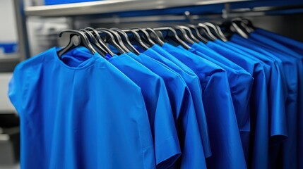 Rows of bright blue surgical scrubs hang neatly on a sterile rack in a medical facility