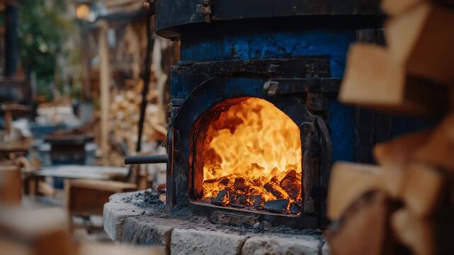 Detailed shot of a wood briquette boiler in operation, orange glow from the combustion chamber illuminating rustic surroundings