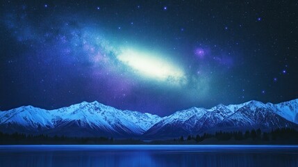 The Milky Way galaxy illuminating over snowcapped mountain range at night