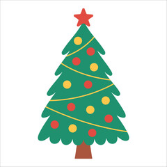 Simple classic Christmas tree with red and yellow ornaments and a red star topper. Bright and festive illustration for card, banner, kids, winter designs. Flat vector. Hand drawn. Isolated background.