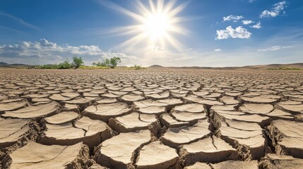 The sun shines brightly over a vast landscape of dry cracked earth under a clear blue sky