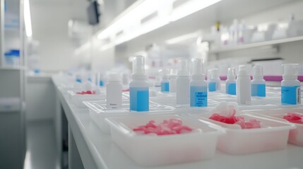 Rows of sanitation kits containing essential hygiene and medical supplies in a laboratory setting