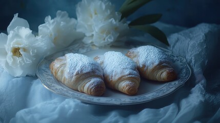 Three croissants with powdered sugar on a decorative plate