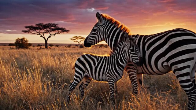 Young zebra stands in tall grass during a colorful sunset in an african savanna landscape