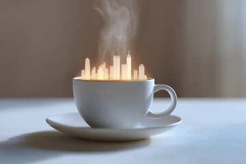 Conceptual coffee cup with glowing city skyline and steam. Urban business vision.