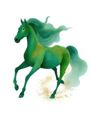 Obraz premium Vibrant emerald horse with Celtic knotwork and golden sparkles illustration.