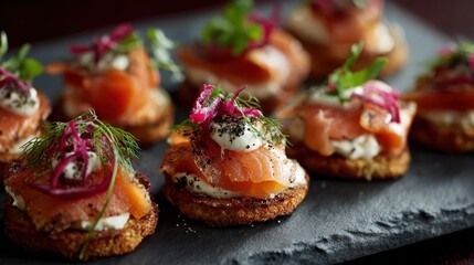 Delicious smoked salmon appetizers served on crispy bases garnished with herbs and colorful toppings at a gathering