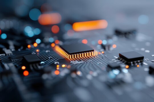 Futuristic glowing microchip on circuit board, embodying digital technology and innovation.