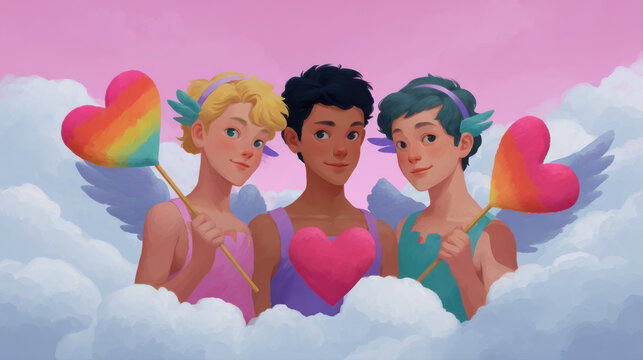 Diverse cupids celebrate love and inclusivity with rainbow hearts.
