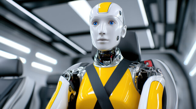 Female robot crash test dummy in a modern vehicle for automotive safety.