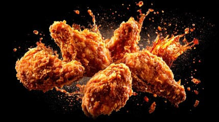 Crispy fried chicken drumsticks floating in mid-air with splashes and eruptions of spices and seasonings around them