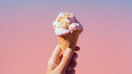 Colorful ice cream cone held against a soft pink background on a sunny day