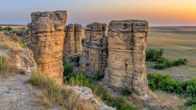 Tall weathered rock formations with jagged edges stand out in a desolate landscape under a warm sunset sky