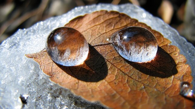 Two large clear water droplets frozen with ice crystals clinging to the edges rest upon a brown fallen leaf with soft background light - Powered by Adobe