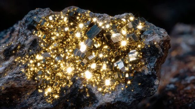 Detailed view of shimmering pyrite clusters on a black background, golden metallic reflections highlighting geometric formations