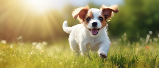 Cute playful Jack Russell Terrier puppy running in sunny green nature field. Pet games, happy day, energetic breed, active dog. Energy, intelligence, fun playing, joy. Summer and spring season. 