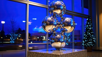 Shiny chrome spheres in a modern decorative art display