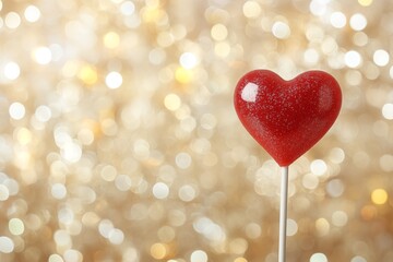 Bright red heart-shaped lollipop with sparkling background adds charm to sweet treats display