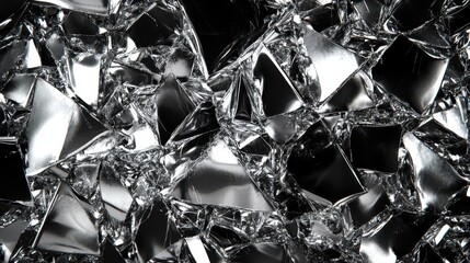 Scattered metallic fragments with sharp edges and reflective surfaces creating a complex abstract texture