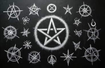 White occult symbols drawn with chalk on black blackboard. Collection of pentagrams, runes, mystic signs arranged for witchcraft esoteric study. Magical symbols for spiritual practice, ancient ritual.