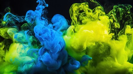 Vibrant blue and green inks swirling in abstract patterns creating a dynamic visual effect