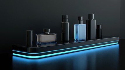 Fototapeta premium Sleek black perfume bottles displayed on a shelf with blue lighting