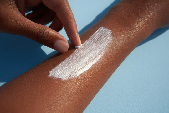 Mineral sunscreen texture on skin close up hand rubbing white cream on forearm smooth application healthy skincare sun protection moisturizing daily routine gentle touch