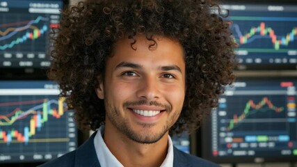 Young professional stands in front of multiple screens displaying stock market charts, representing finance, investment, and data analysis in a modern business environment. - Powered by Adobe