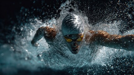 Swimmer dives into water during competitive race in indoor swimming pool early in the morning
