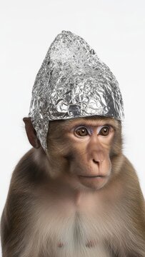 monkey wearing a tinfoil hat, paranoid, paranoia, on a white background, animal photo
