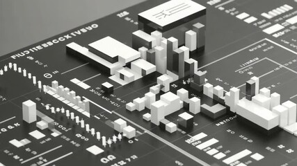 Modern 3D abstract representation of statistical data and analytics on a dark background, showing geometric shapes and information flow for business, technology or finance concepts. grayscale b&w - Powered by Adobe