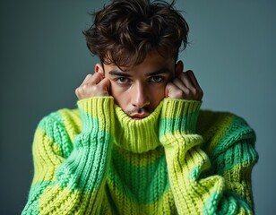 Young male model poses in bright green, yellow striped turtleneck sweater. Holds high collar up to face with both hands. Intense gaze meets camera directly in studio setting for fashion lifestyle