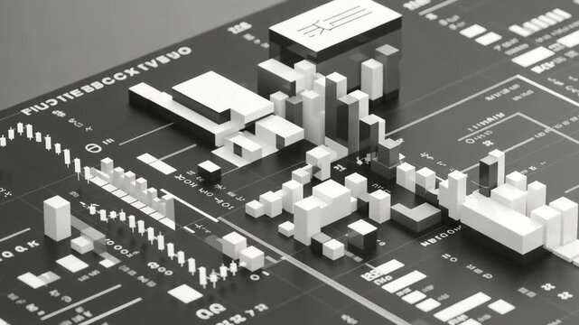Modern 3D abstract representation of statistical data and analytics on a dark background, showing geometric shapes and information flow for business, technology or finance concepts. grayscale b&w - Powered by Adobe
