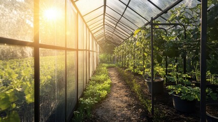 Sunlight streams into a lush green greenhouse illuminating rows of growing plants and a central dirt path