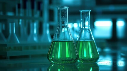 Two conical laboratory flasks containing bright green liquid sit on a lab bench in a research setting