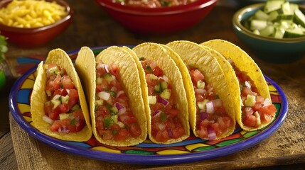 Tacos filled with fresh salsa on colorful plate close up