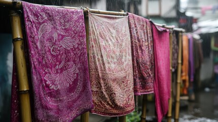Textile fabrics drying on bamboo poles in a rain shower