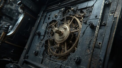 Tarnished brass fittings showing deep corrosion and a complex mechanical gear mechanism embedded in aged metal