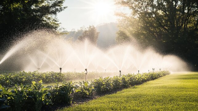 Sprinklers watering rows of flourishing leafy green crops outdoors