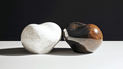 Two abstract sculptural forms resembling hearts one white marble the other dark stone gently touching each other