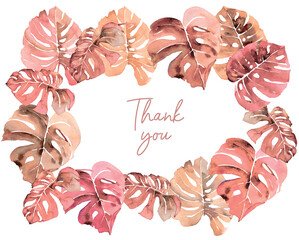 Elegant thank you greeting card design set with exotic tropical foliage.Features hand-drawn style palm, the leaves creating a fresh inspired look. Ideal for wedding,birthday,general gratitude messages