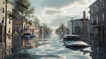 flooded cityscape with submerged cars and buildings under cloudy sky