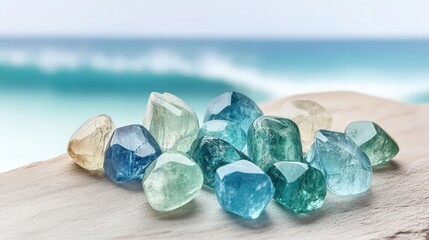 Smooth tumbled gemstones in blues and greens resting on a sandy beach with the ocean in the background