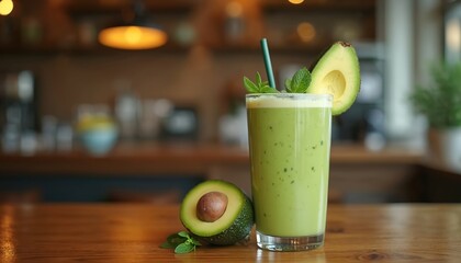 Vibrant avocado smoothie on wooden table. Fresh mint garnish, halved avocado alongside glass beverage. Warm cafe lighting creates inviting atmosphere. Healthy lifestyle concept for wellness,