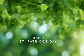 background bokeh, HAPPY ST. PATRICK'S DAY. Green shamrocks blurred in the foreground, white typography on defocused background, banner template design for web, poster, magazine, or presentation.